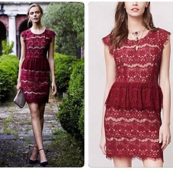 Anthropologie Dresses & Skirts - Maeve Anthropologie Burgundy Red Elsa Peplum Lace Dress Size Medium